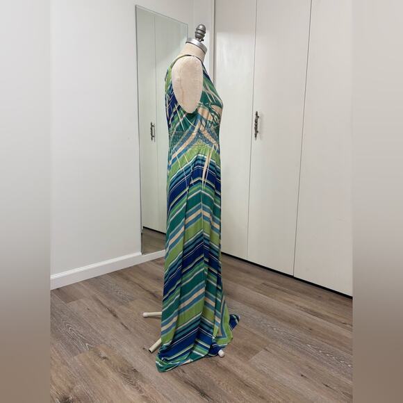 Fresh Of LA Green and Blue Striped Maxi V-Neck  Women's Dress Medium - Picture 2 of 5